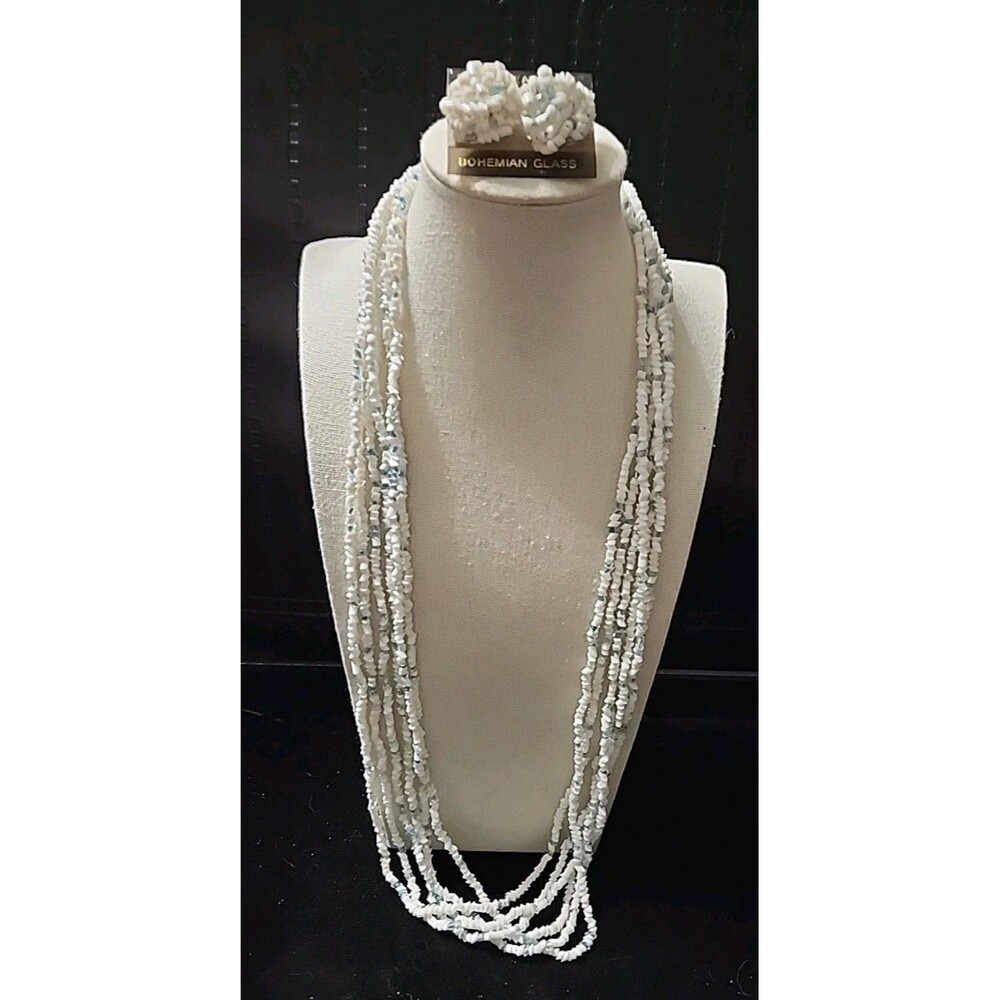 Vintage Bohemian Glass Six-Strand Necklace & Pierced Earring Set White/Blue 90's
